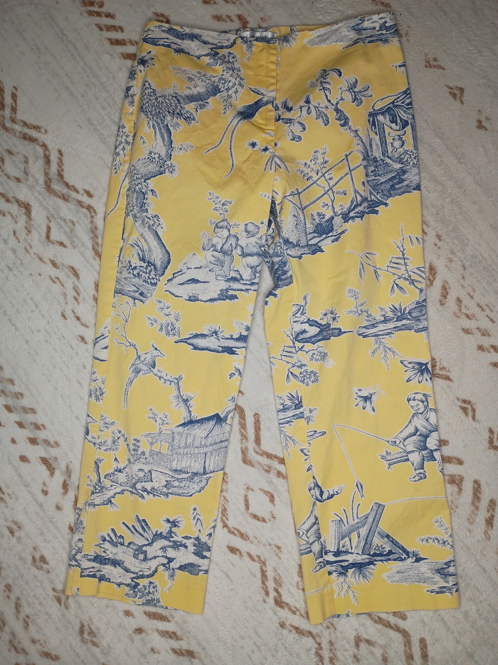 Liquid Toile Print Ankle Pants Yellow Blue Asian Chinoiserie Cottagecore Size 6